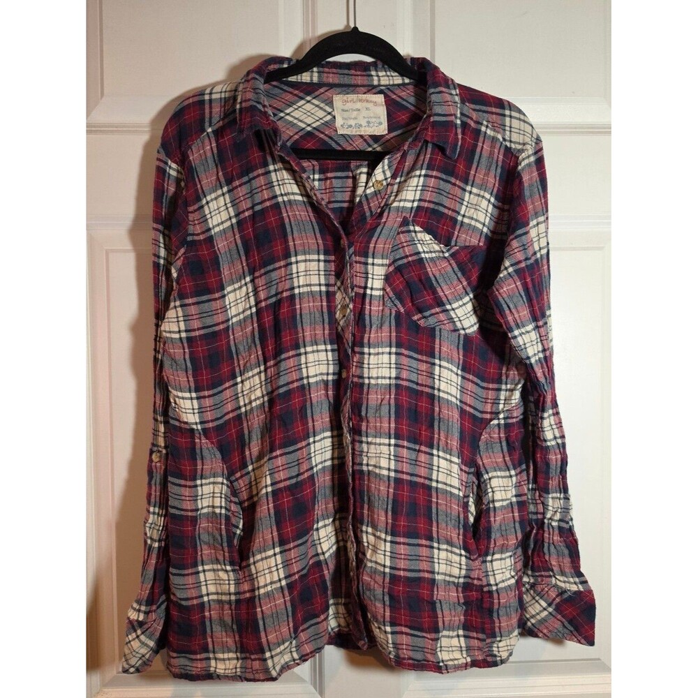 Girl Krazy Plaid Button-Up Shirt - Red, Navy, & White Boyfriend Fit Pockets XL